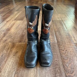 Harley-Davidson Black Leather harness Western Boots with Eagle Design size 8.5